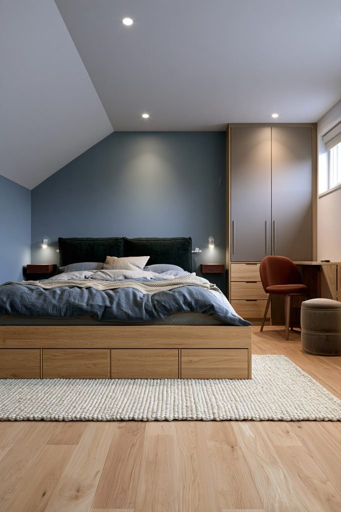 Scandinavian bedroom with handleless built-in wardrobe, eucalyptus walls, upholstered bed, and natural oak furniture