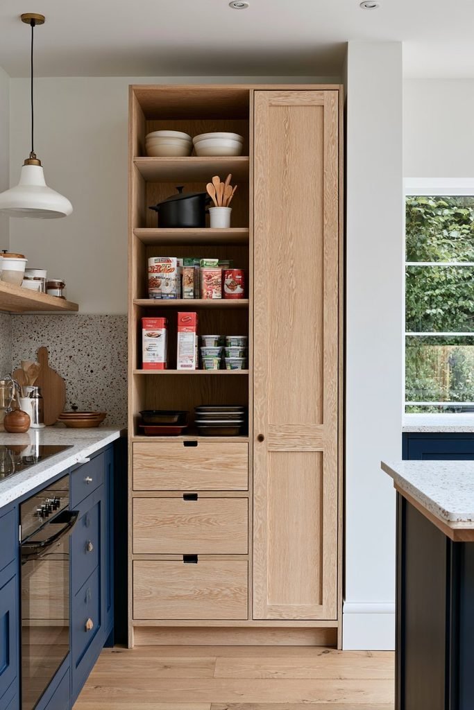 DIY plywood larder cupboard with Shaker doors, timber shelves, storage drawers, jars, baskets, and kitchen supplies