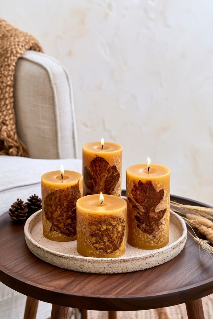 Handmade pressed leaf beeswax pillar candles arranged on a fireplace mantel for cozy fall home decor.