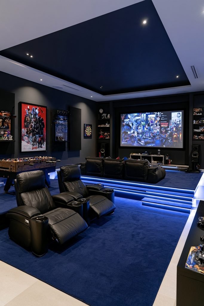 Modern basement game room with two-level theater-style seating facing a projection screen, gaming decor, foosball table, dartboard, and LED step lighting.