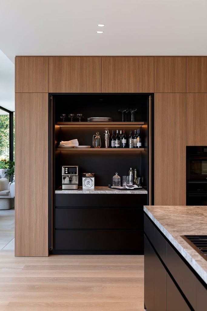 Compact butler's pantry with larder storage, preparation counter, shelves, jars, glassware, and kitchen supplies