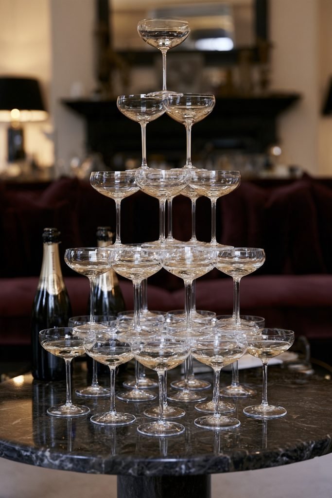 Glamorous New Year's Eve champagne tower arranged with stacked coupe glasses on a dark stone table