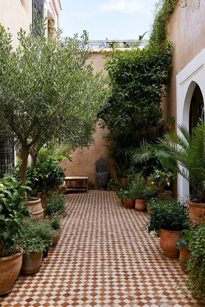 Mediterranean house courtyard with container plants arranged over a paved patio