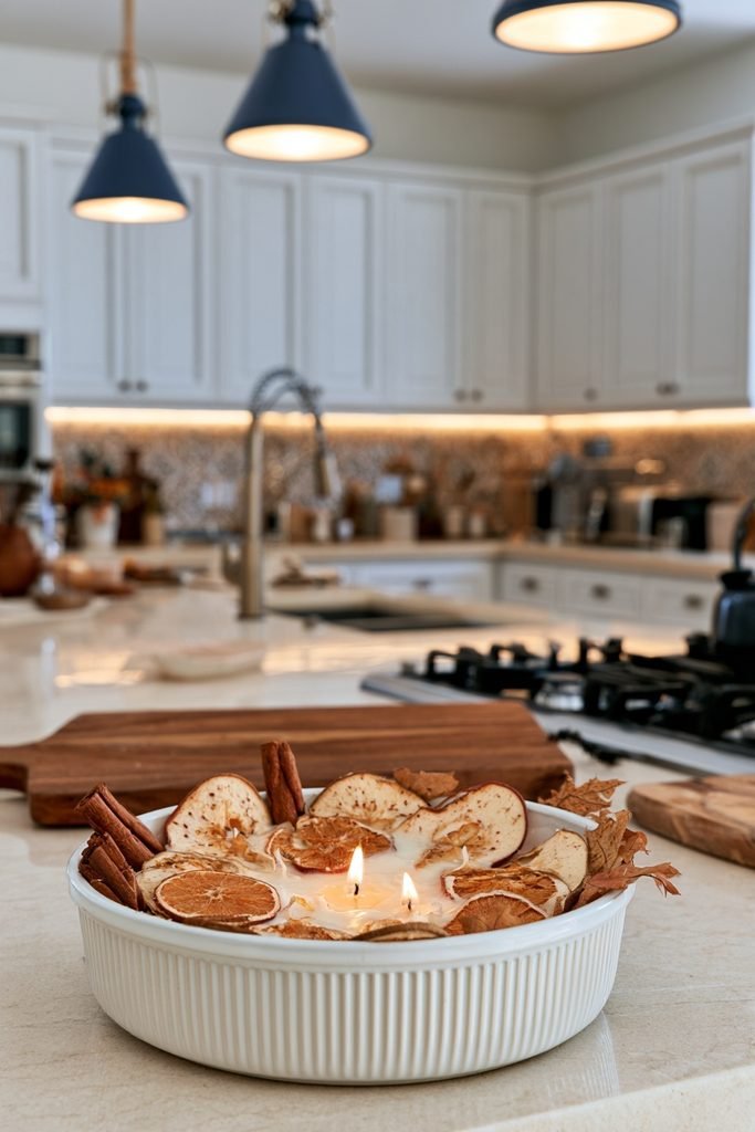 DIY fall candle bowls decorated with dried orange slices apples cinnamon sticks and autumn leaves on a kitchen island.