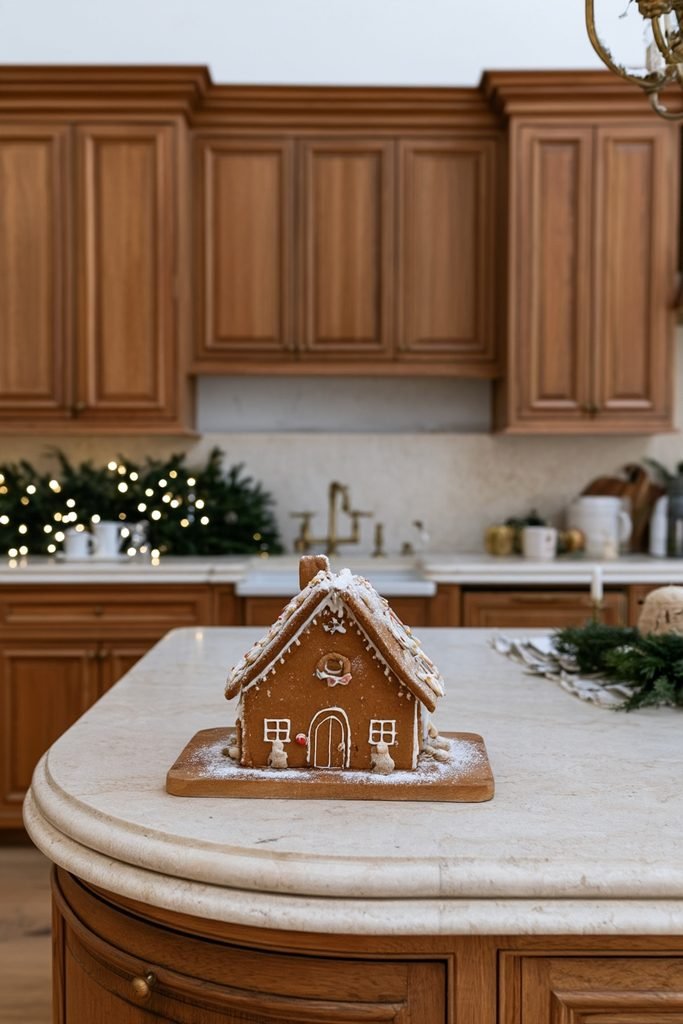 Decorated gingerbread house displayed on a Christmas kitchen island