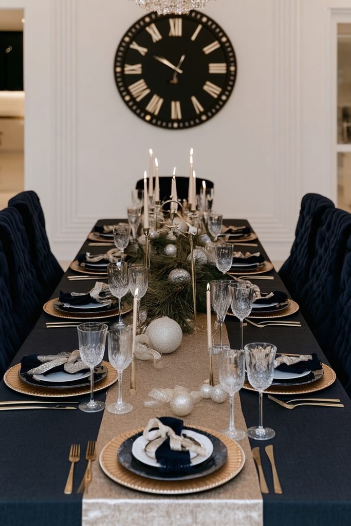 Glamorous New Year's Eve dining table with metallic runner, candles, crystal glassware, and clock centerpiece
