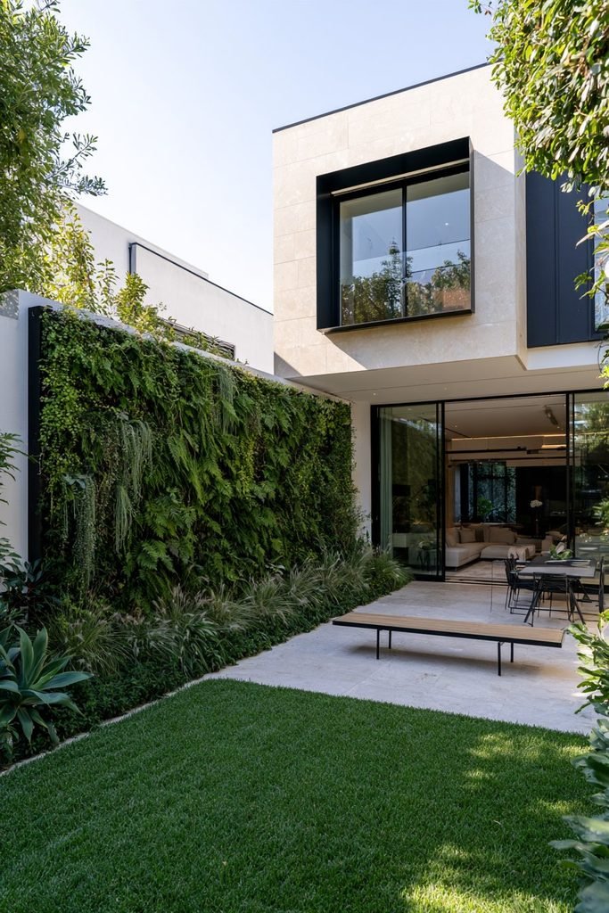 Modern detached house courtyard with a lush vertical living wall and contemporary patio