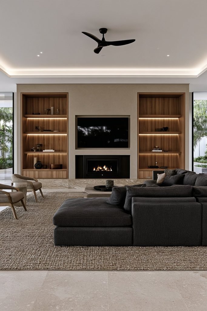 Modern living room with a black log burner integrated into a built-in media wall with a television, oak cabinetry, shelving, and comfortable seating.