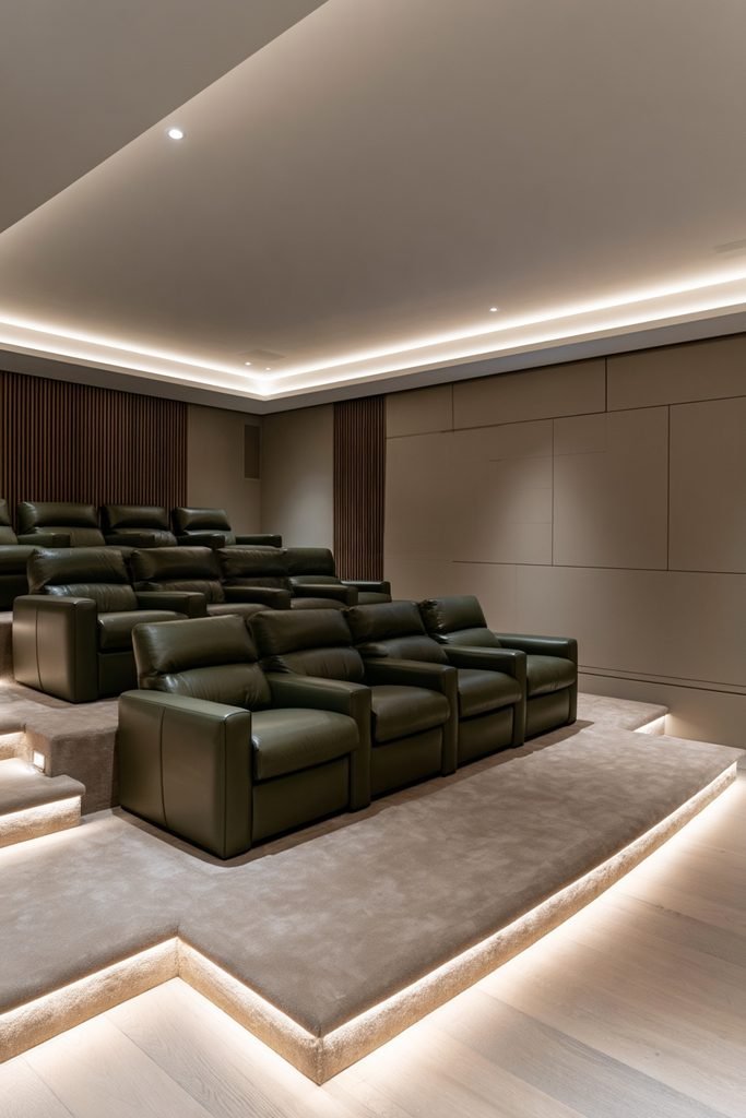 Home cinema with raised rear seating platform, leather recliners, and screen-facing theater seats