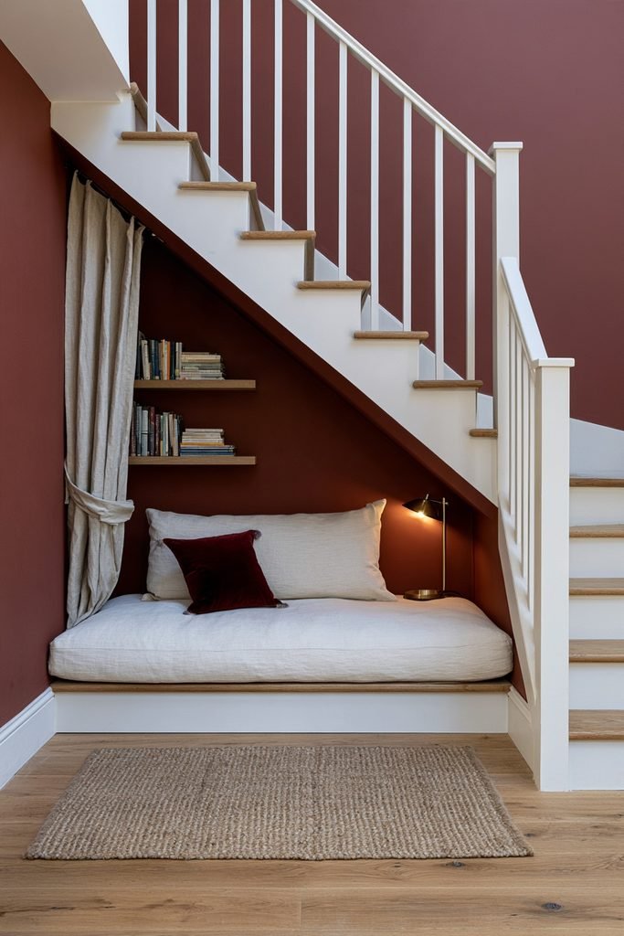 Cozy built-in reading nook with bench and lamp beneath a residential staircase