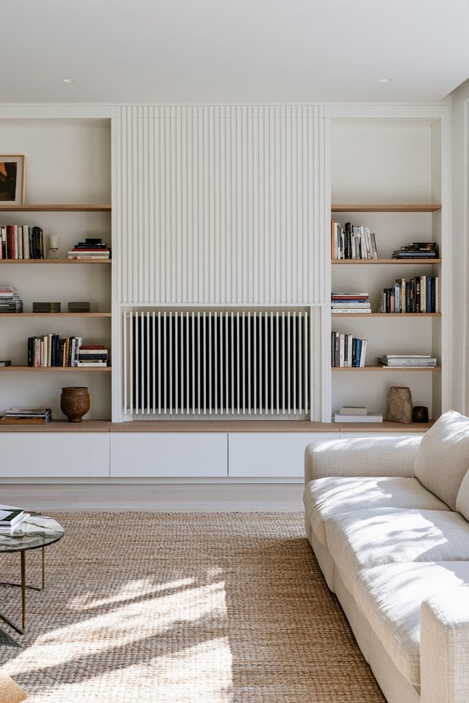 Wall-length built-in radiator cover with integrated shelving and storage
