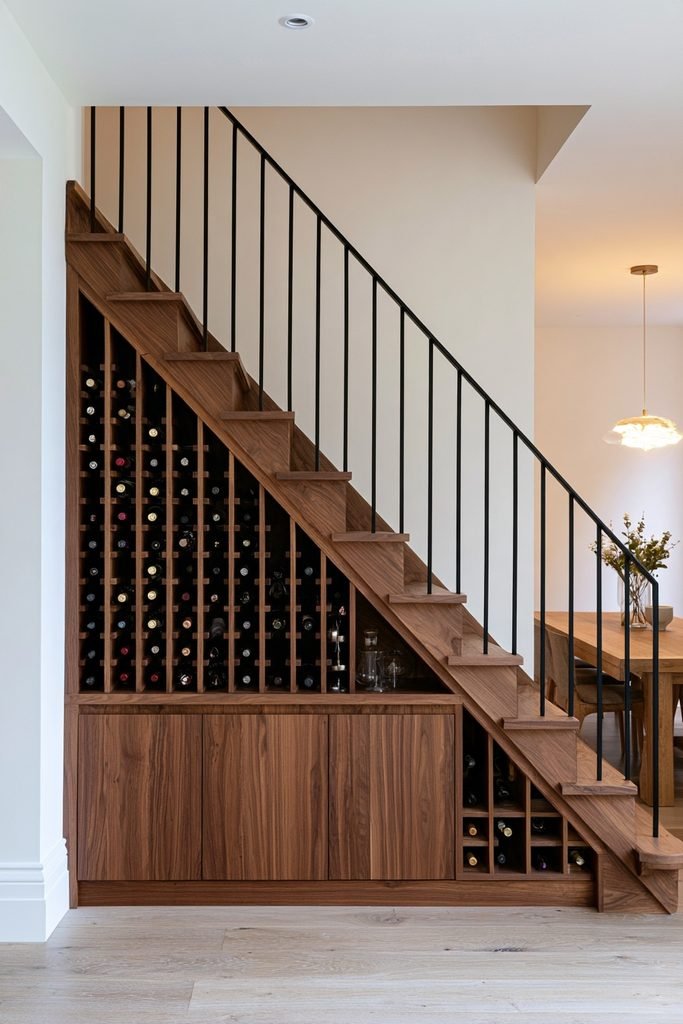 Custom under-stair wine storage wall with angled wooden wine racks