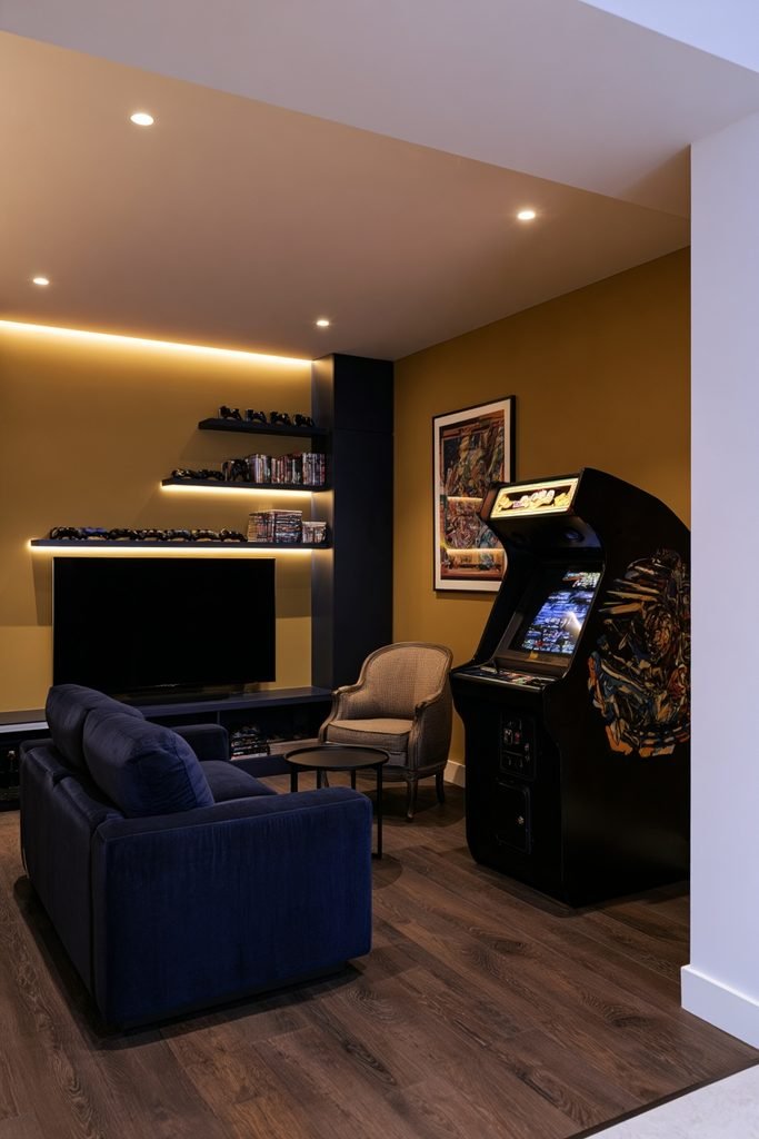Compact home arcade game room with a multi-game arcade cabinet, gaming sofa, foosball table, collectible displays, and modern accent lighting.