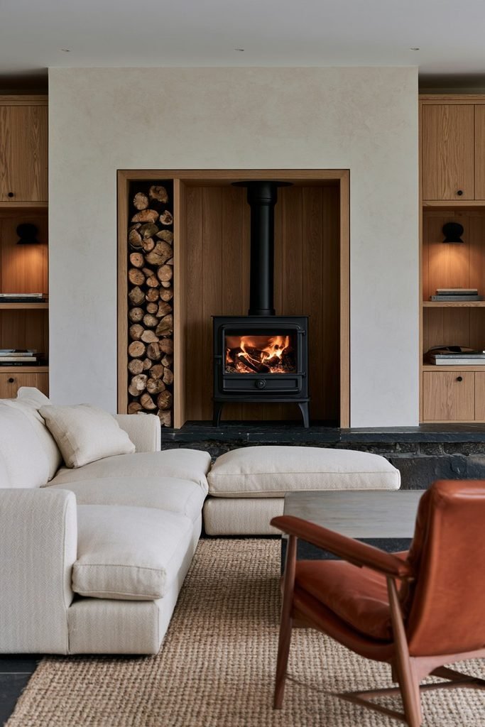 Modern country living room with a black log burner beside a built-in firewood storage niche filled with stacked logs, beige sofa, leather chair, and oak furnishings.