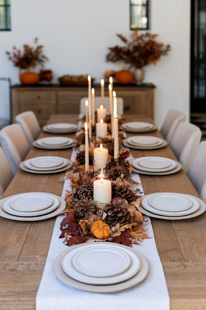 Thanksgiving dining table centerpiece featuring mini pumpkins, pinecones, dried leaves, greenery, and candles.
