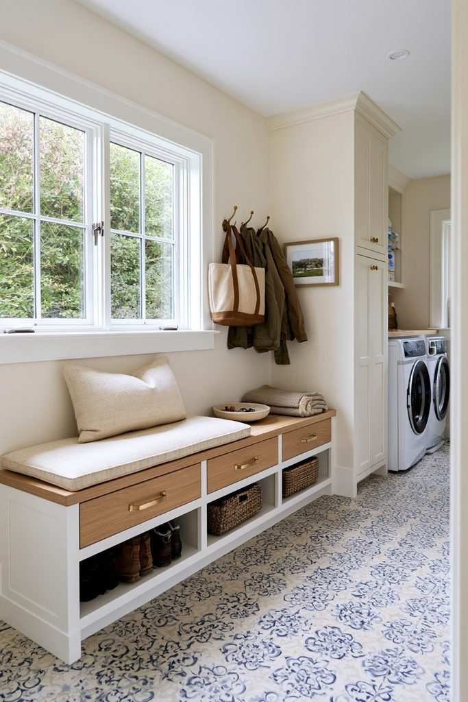 Built-in oak bench with storage beneath a window in a functional mudroom utility room
