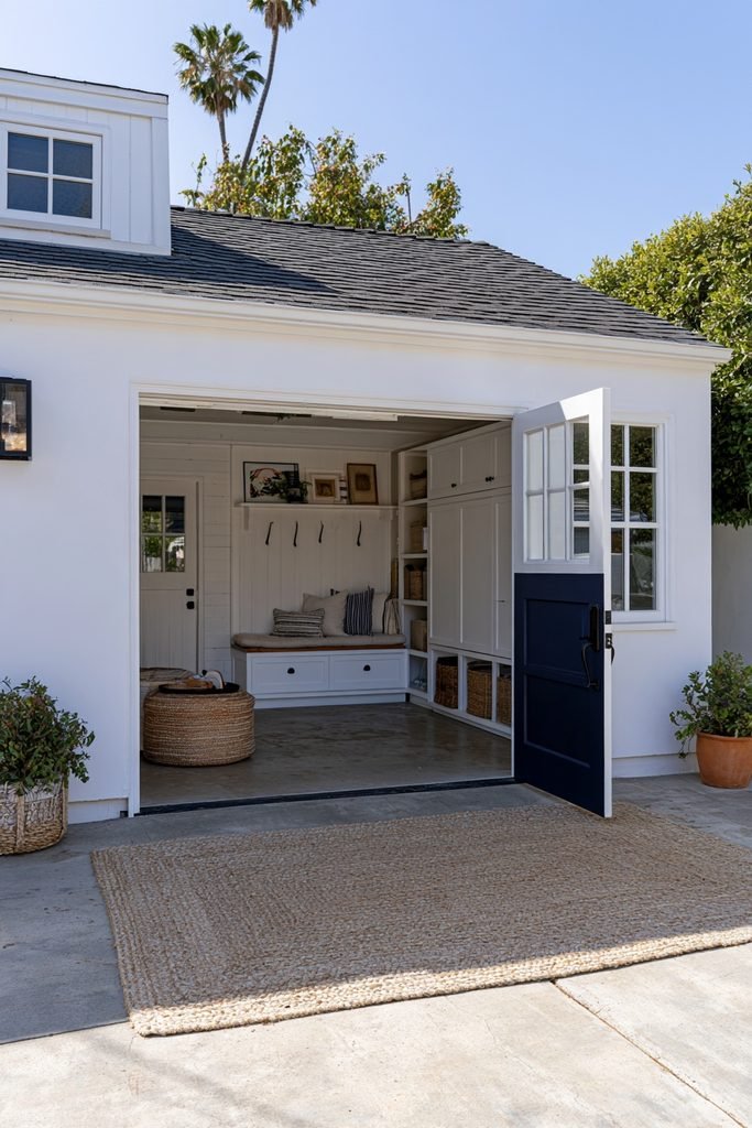Garage conversion with built-in storage featuring a cushioned bench, coat hooks, cabinets, baskets, and decorative wall niches.