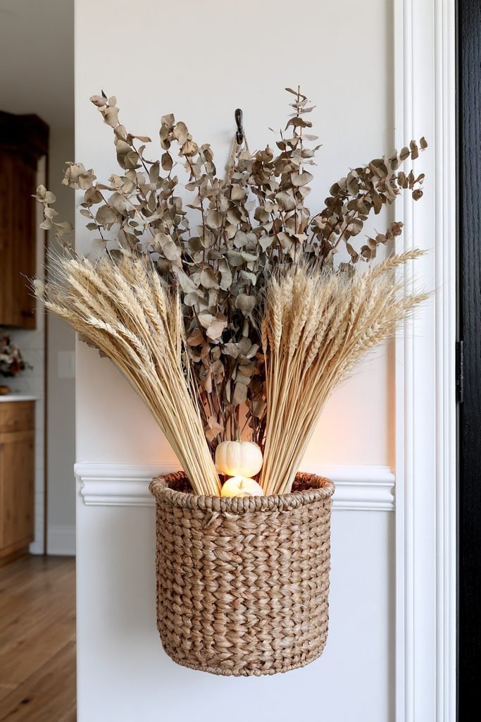 Dried eucalyptus and golden wheat arranged in a rustic fall hanging basket