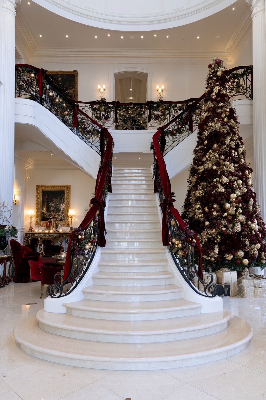 Grand bifurcated staircase decorated with burgundy velvet ribbon and merlot Christmas ornaments.
