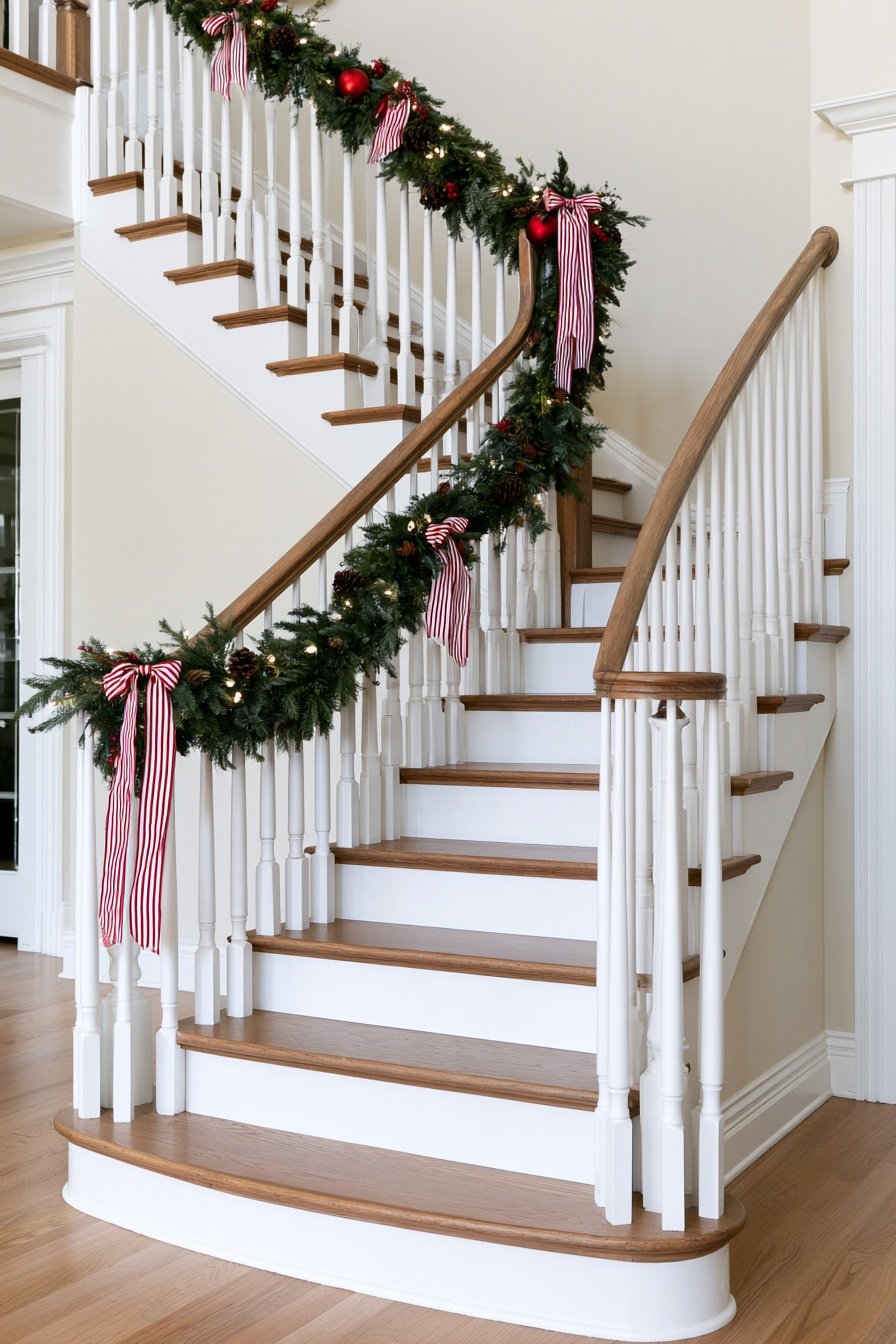 Traditional quarter-turn staircase decorated with red and white candy cane ribbon and peppermint Christmas ornaments.