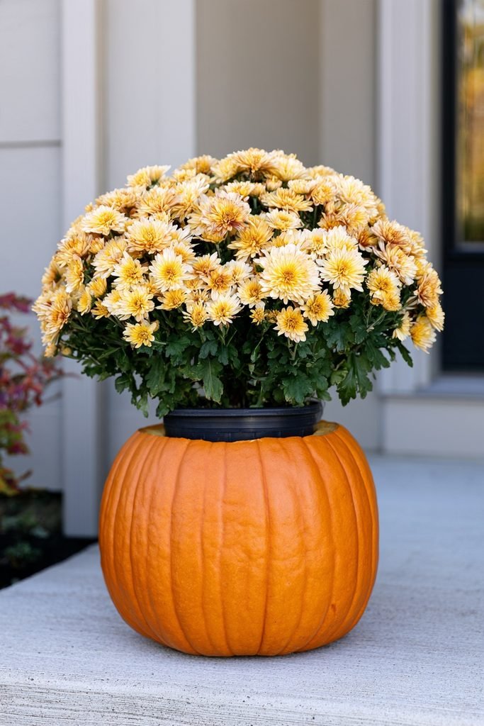 Carved pumpkin used as a planter with a blooming chrysanthemum on a fall porch