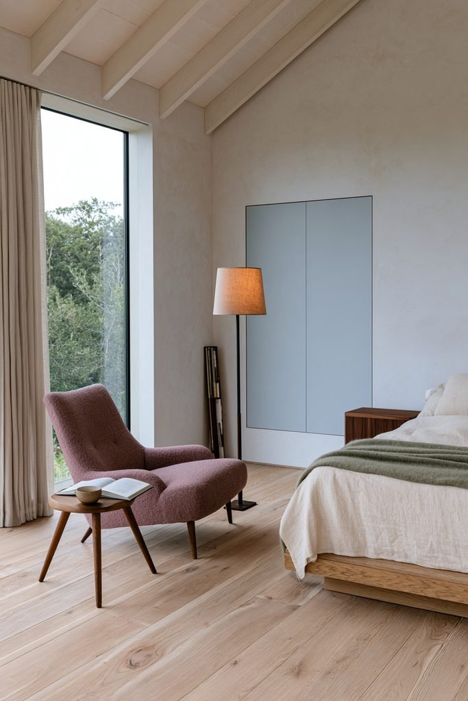 Scandinavian bedroom with a cozy reading nook, upholstered armchair, floor lamp, bookshelf, and large corner window