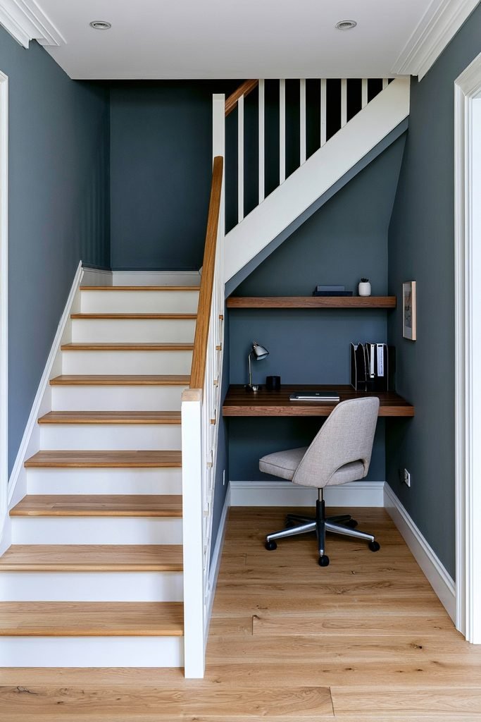 Small under-stair home office with slim desk, floating shelf, and task lamp