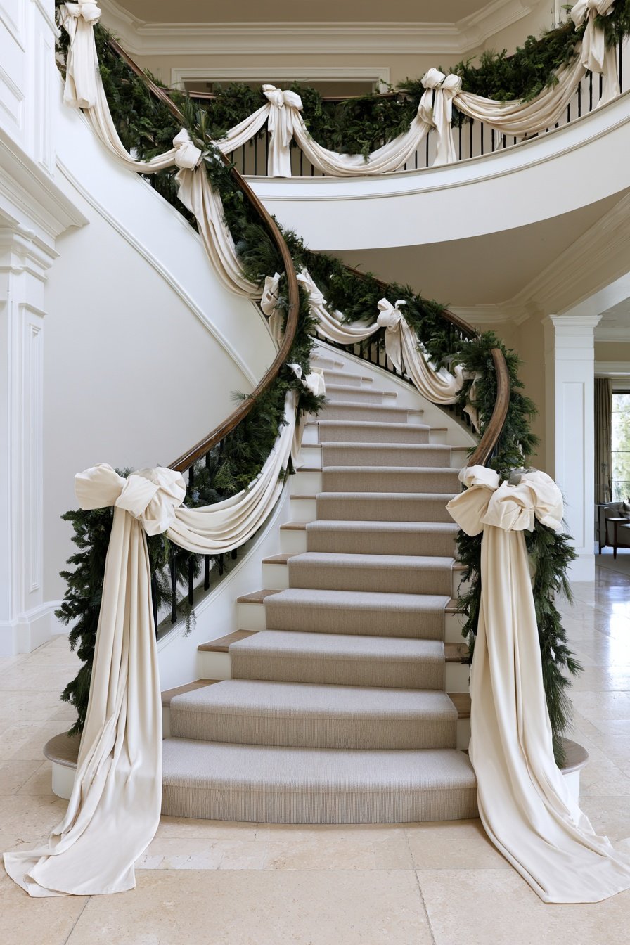 Elegant switchback staircase with ivory velvet ribbon and neutral Christmas decorations in a sophisticated foyer.