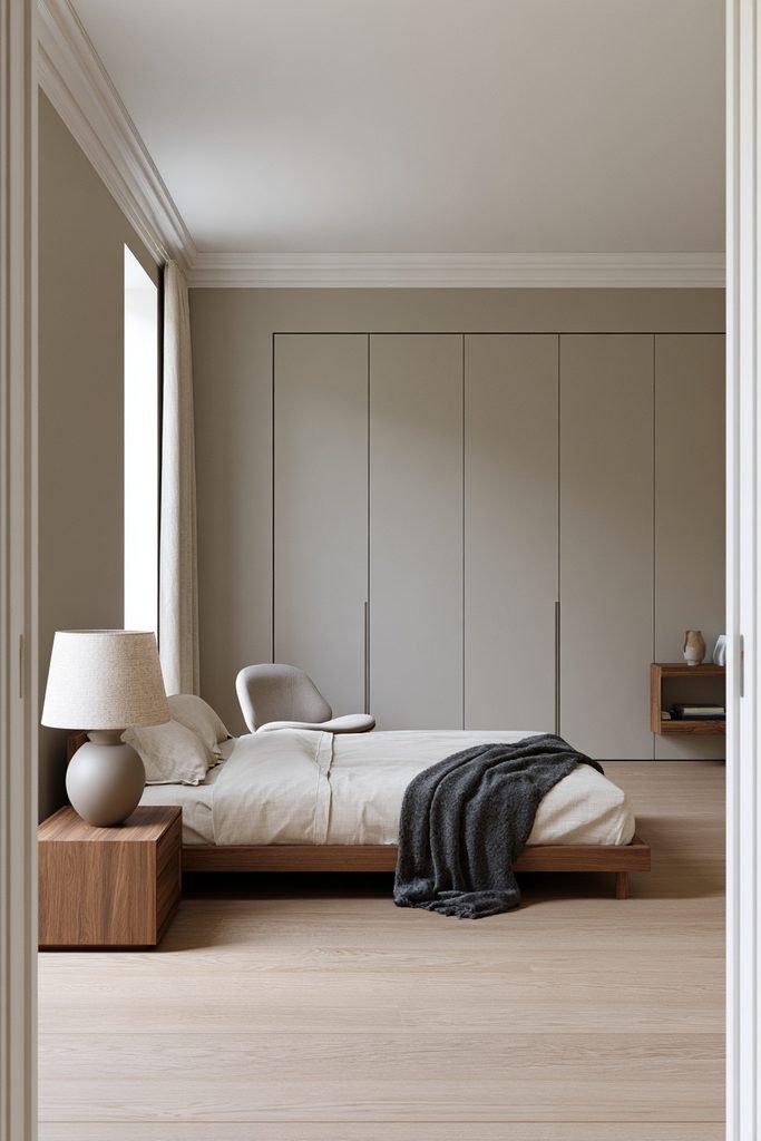 Scandinavian bedroom with a mid-century ceramic table lamp, mustard walls, oak bed, walnut nightstand, and linen bedding
