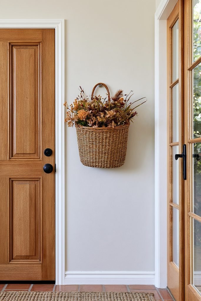 Handwoven wicker wall basket filled with a simple autumn flower arrangement