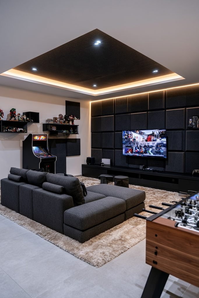 Modern basement game room with geometric acoustic wall panels, sectional seating, gaming screen, foosball table, arcade cabinet, and recessed lighting.