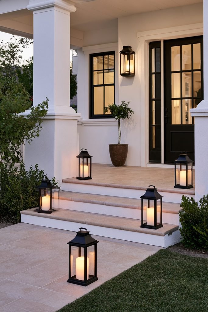Lanterns with battery-operated timer candles framing a wide front porch staircase