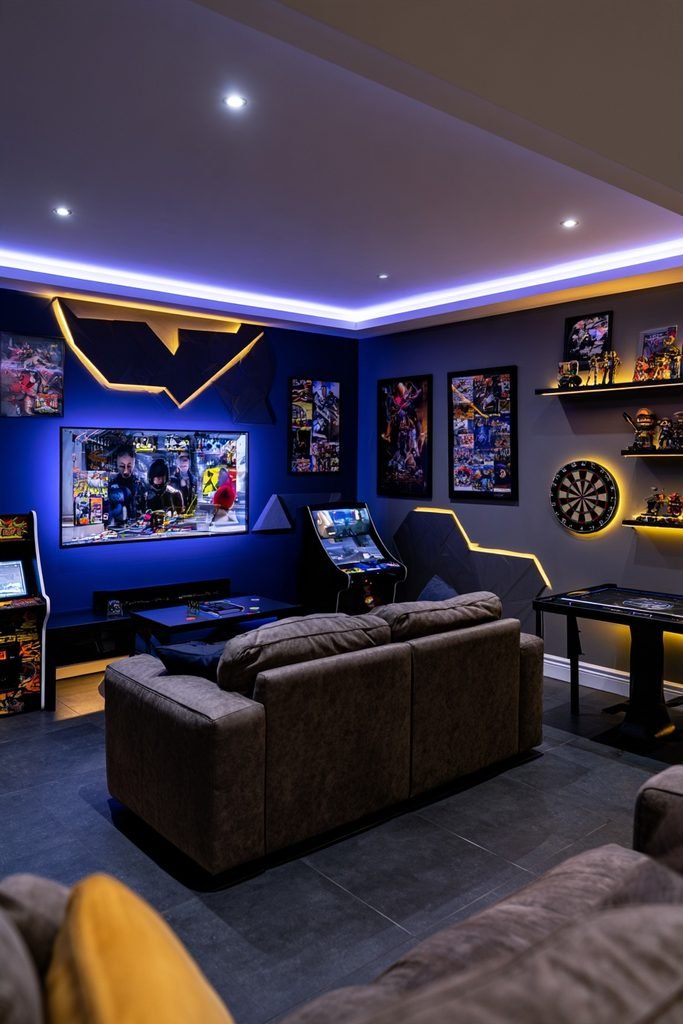 Modern basement gaming room with charcoal, blue, and neon-yellow accent walls, gaming screen, arcade cabinet, dartboard, tabletop games, and LED lighting.