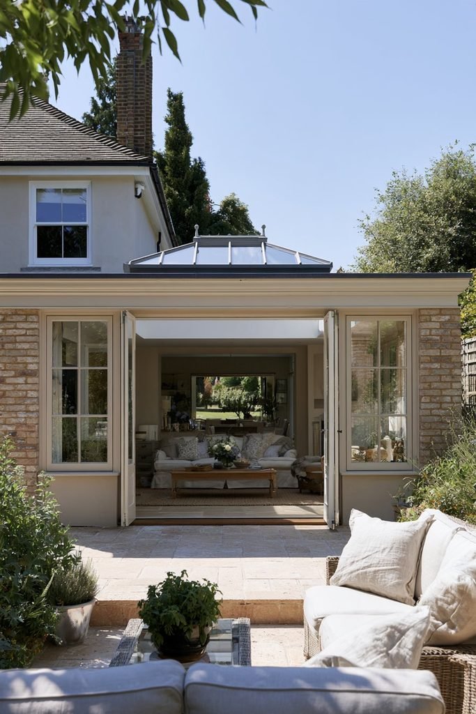 Charming cottage orangery with curved sage-green frames and traditional garden glazing.