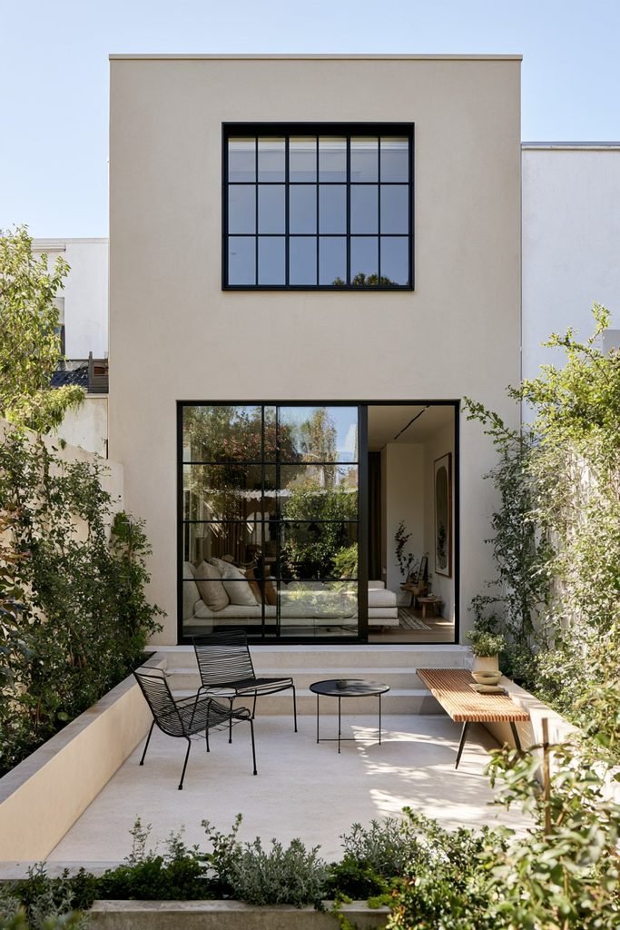 Small urban house courtyard with slim-profile outdoor furniture and compact landscaping
