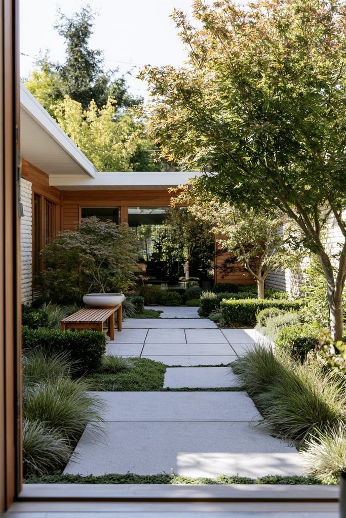 Mid-century modern house courtyard with compact slow-growing plants and minimalist landscaping