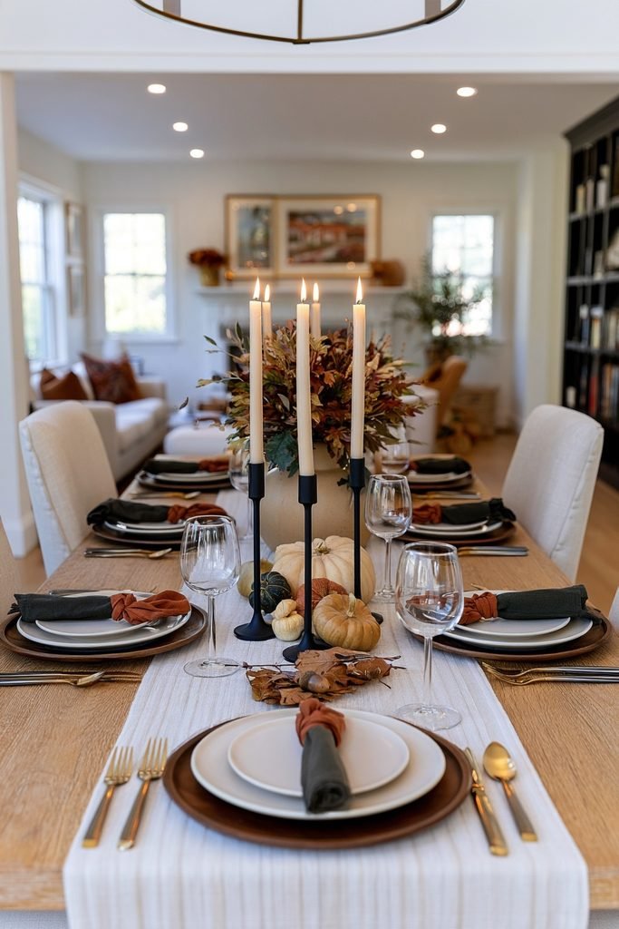 Thanksgiving dining room decorated in a cohesive harvest color palette of rust, gold, deep green, brown, and cream.