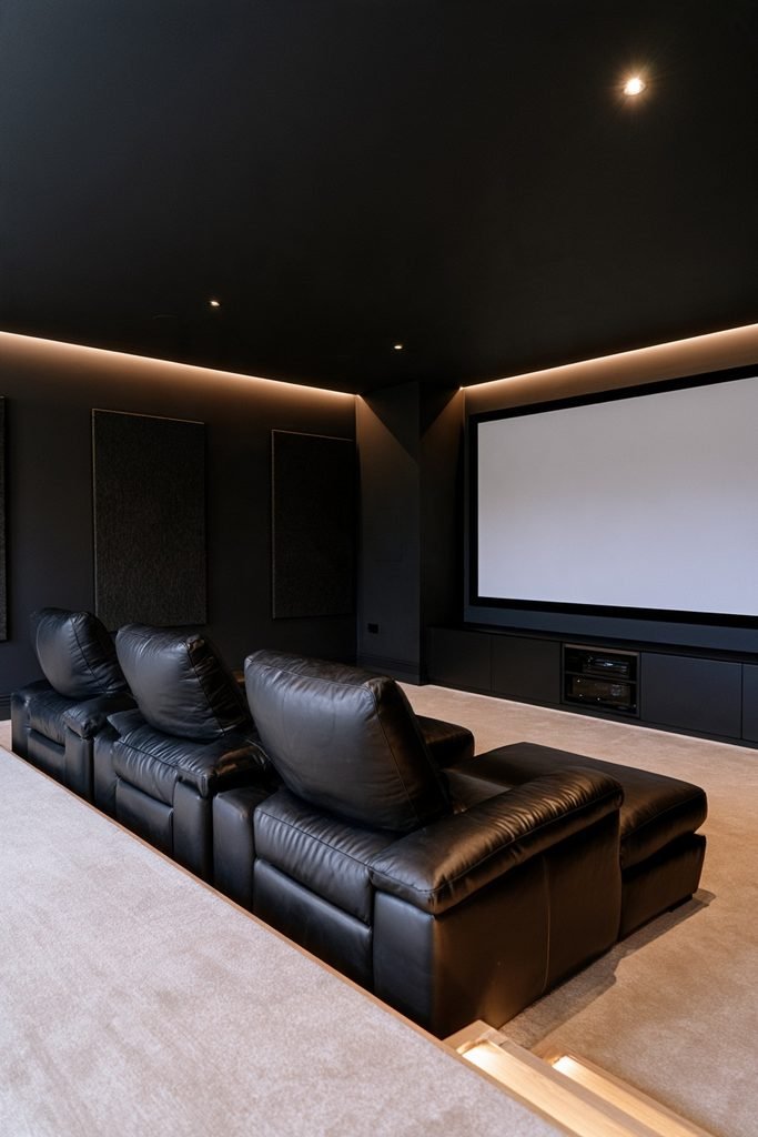 Low-light home cinema with dark walls, warm lighting, and comfortable seating facing the screen