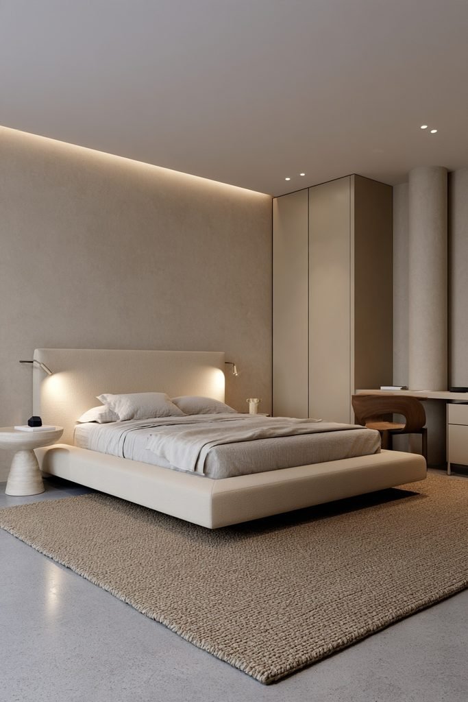 Scandinavian bedroom with a low-profile upholstered bed, muted sage walls, oak furniture, and natural light