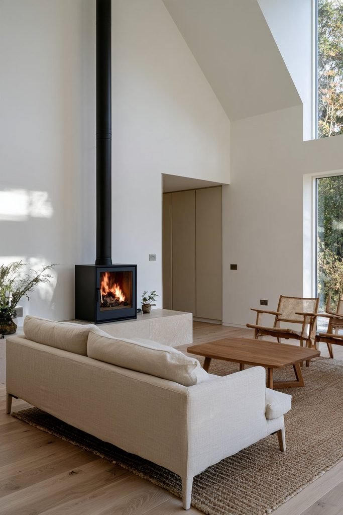 Contemporary living room with a sleek modern log burner, oatmeal sofa, timber-framed chairs, oak flooring, natural wool rug, and minimalist decor.