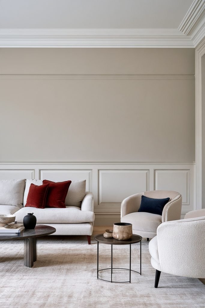 Classic dado rail positioned one-third up a living room wall with painted lower wall panelling