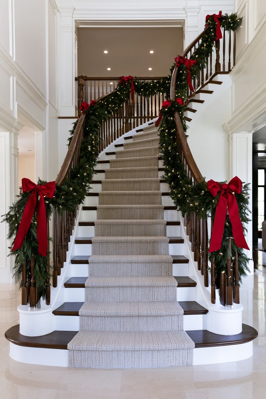 Traditional straight staircase decorated with pine garland, red velvet ribbon, and a Christmas tree in a festive foyer.