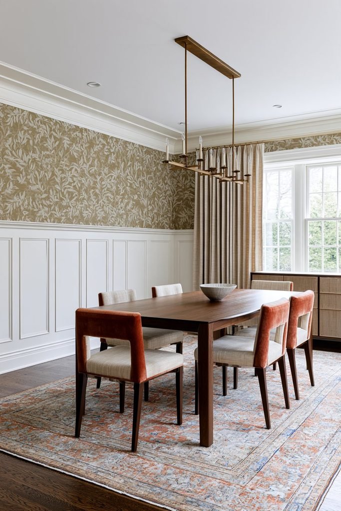 Classic white raised panel wainscoting in an elegant dining room with traditional furniture and fresh botanical wallpaper