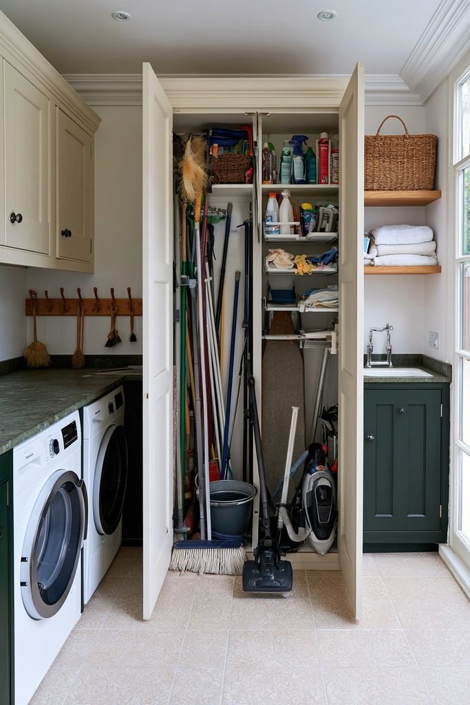 Organized full-height cleaning cupboard with broom, mop, vacuum and laundry storage in a utility room