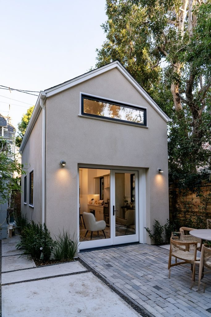 Garage conversion with clerestory windows, a French door, compact kitchen, and high windows providing daylight and privacy.