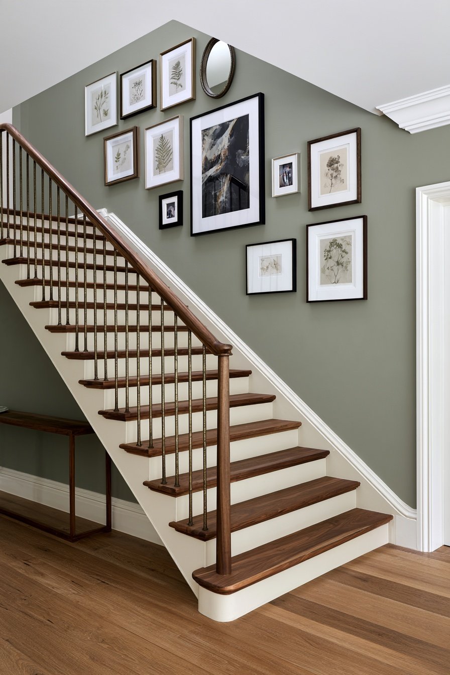 Staircase gallery wall decorated with framed artwork arranged along the stair angle