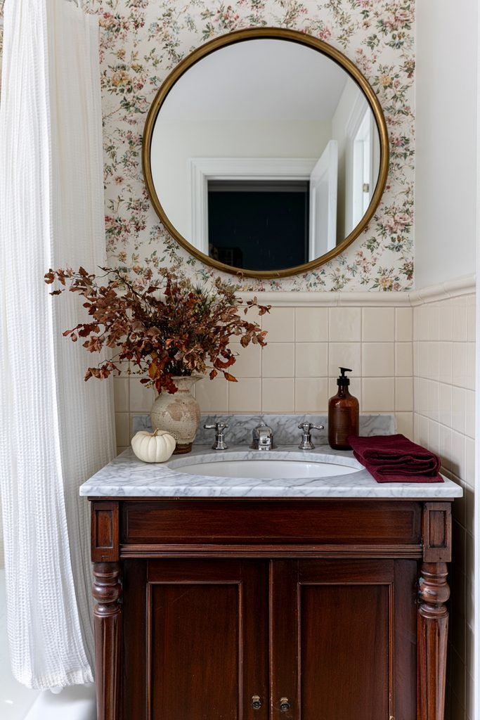 Small fall bathroom vanity with a simple clustered arrangement of seasonal decor