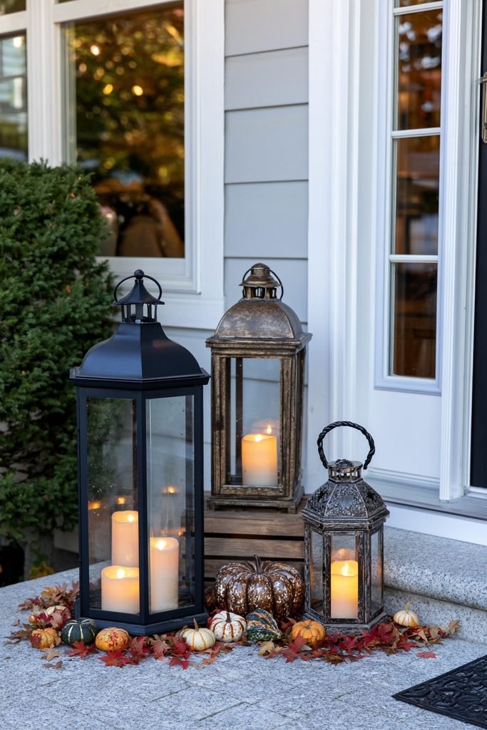 Cluster of fall lanterns at different heights decorating a realistic front porch entrance