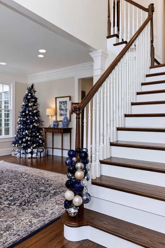 Colonial staircase with a cobalt blue, silver, champagne, and ivory Christmas ornament cluster on the newel post.