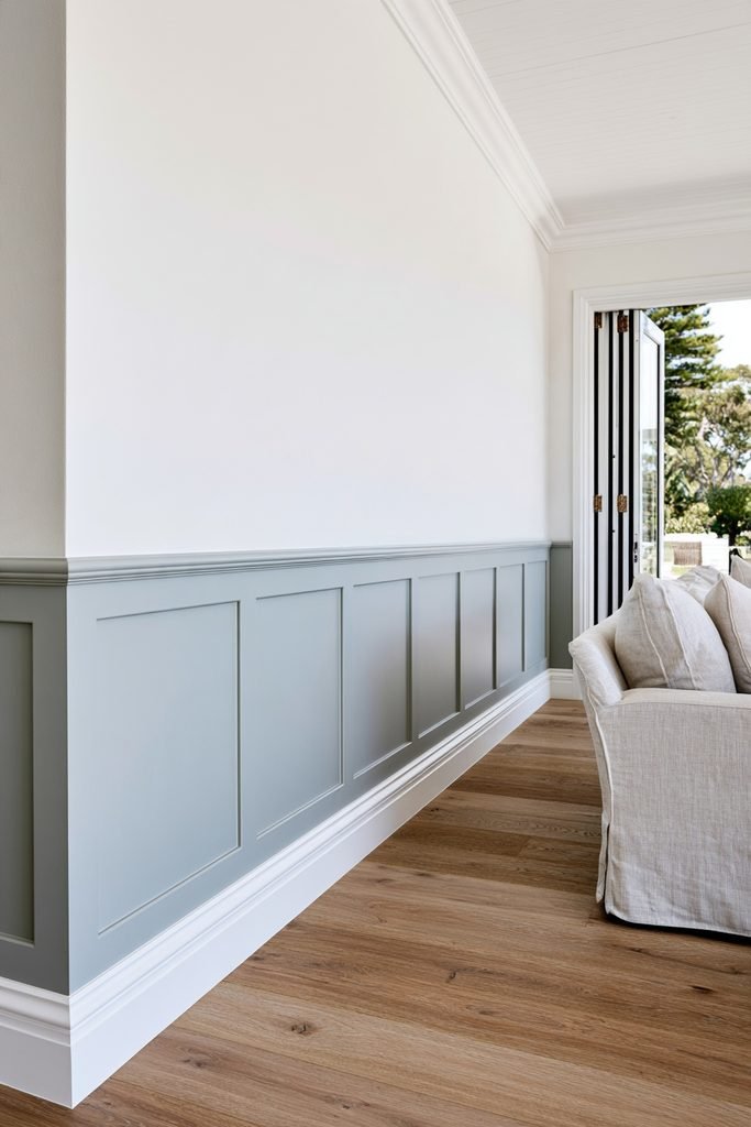 Light coastal interior with a soft blue lower wall and crisp white upper wall divided by a dado rail